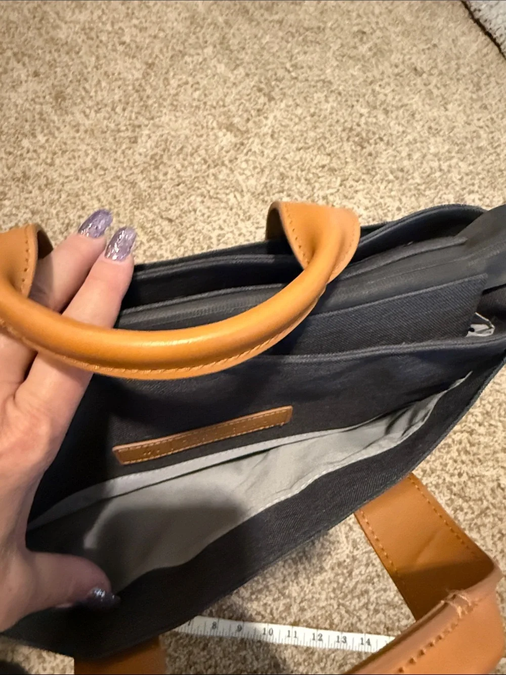 Gray and Tan Tote Bag with Leather Handles